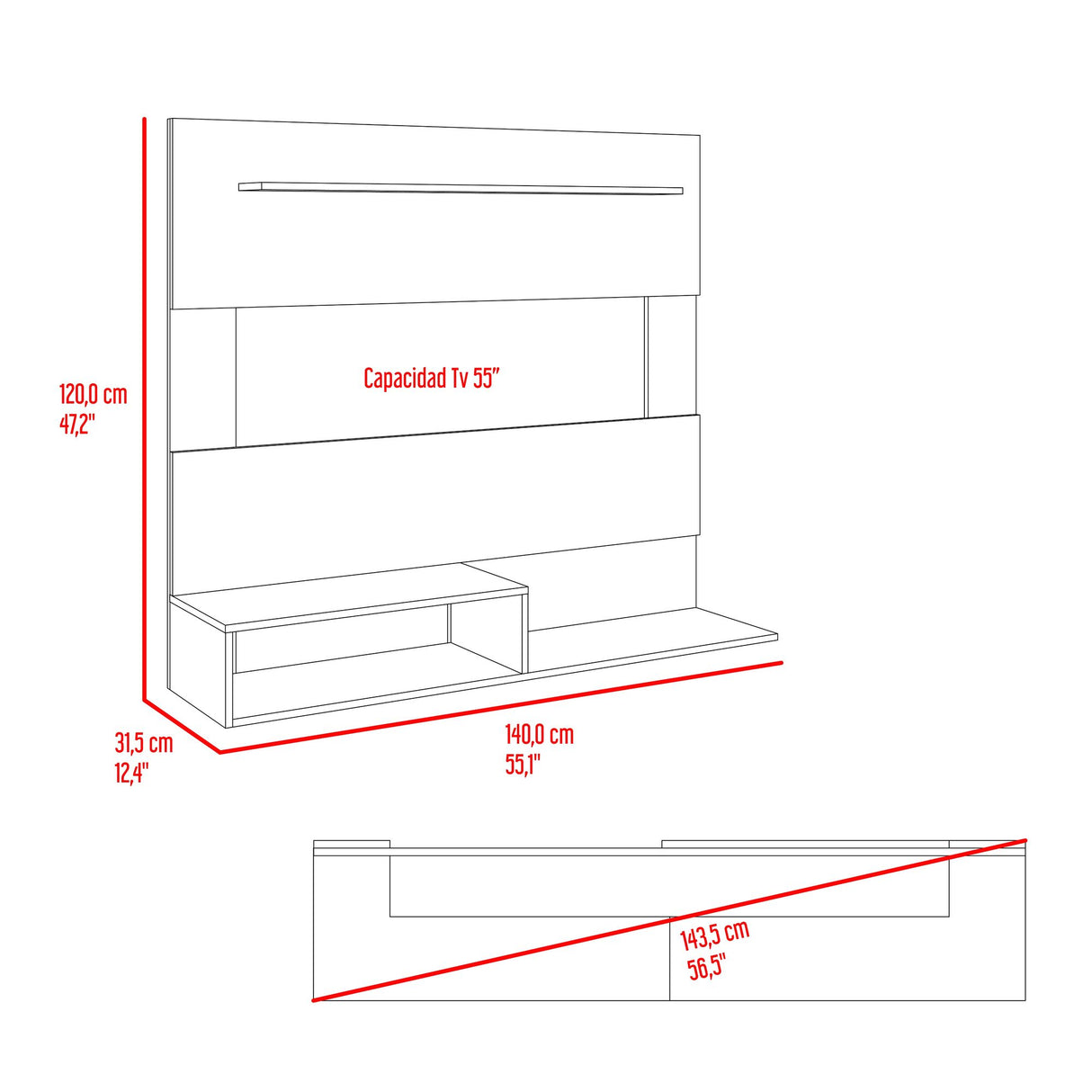 Panel de TV Beijing Bardolino y Blanco 140x120cm Para TV Hasta 55 Pulgadas con Cinco Compartimientos - MUEBLES DE TV | Bylmo