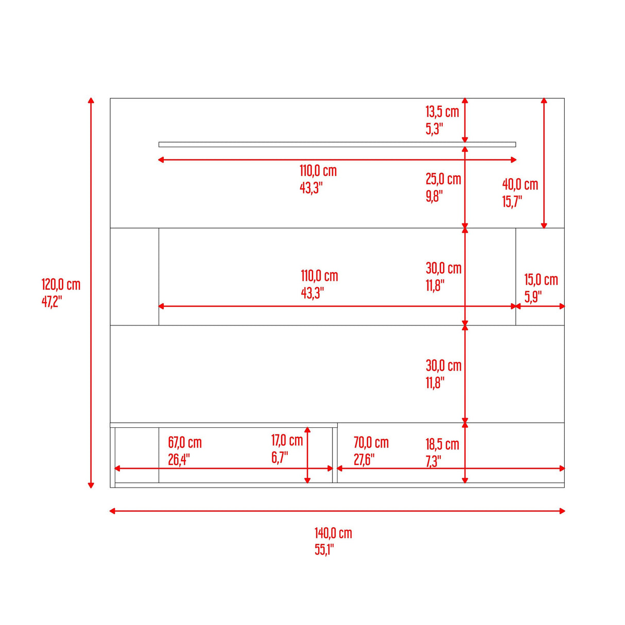 Panel de TV Beijing Bardolino y Blanco 140x120cm Para TV Hasta 55 Pulgadas con Cinco Compartimientos - MUEBLES DE TV | Bylmo