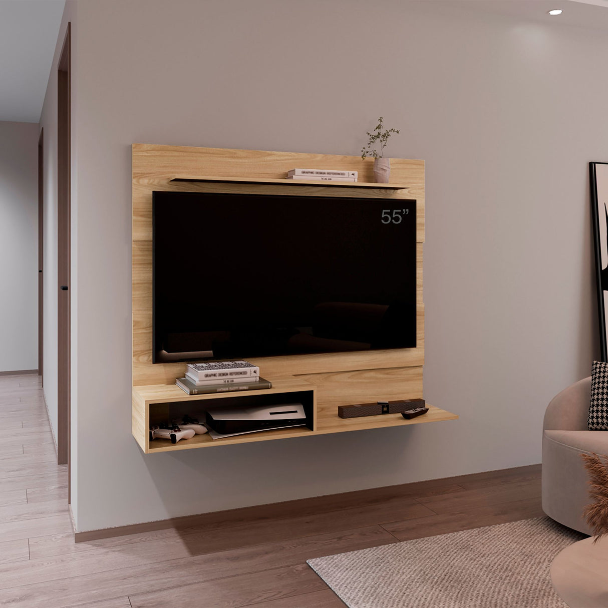 Panel de TV Beijing Fresno y Wengue 140x120cm Para TV Hasta 55 Pulgadas con Cinco Compartimientos - MUEBLES DE TV | Bylmo