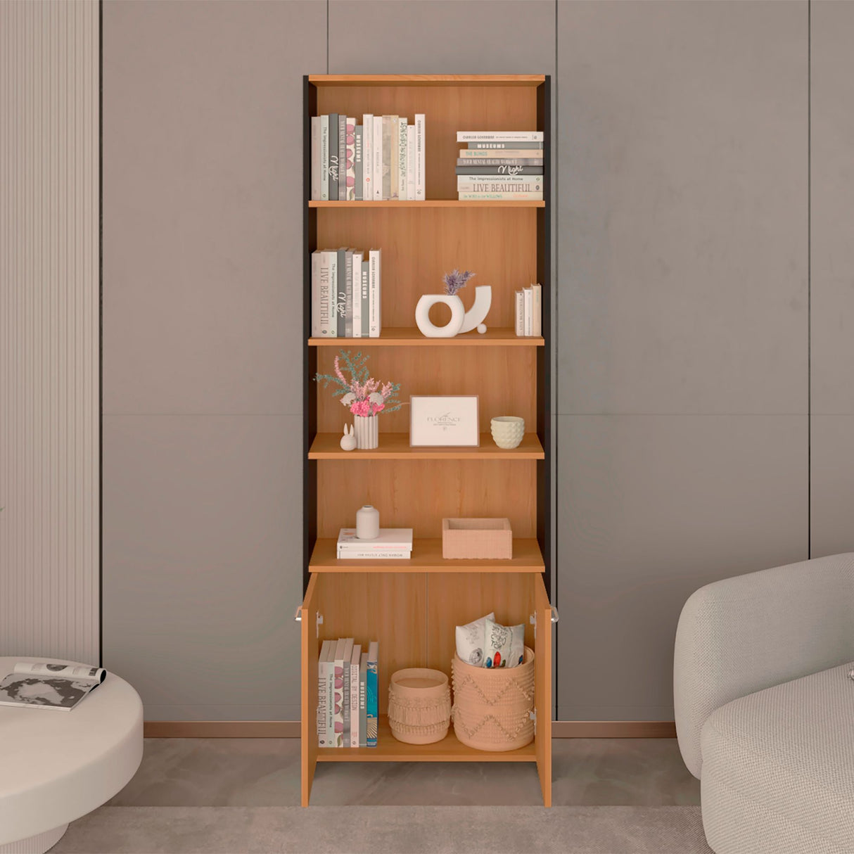 Biblioteca Lisa Fresno y Wengue 63x180.6cm Rectangular con Dos Puertas con Cinco Compartimientos y con Cuatro Entrepaños - BIBLIOTECAS Y ESTANTERIAS | Bylmo