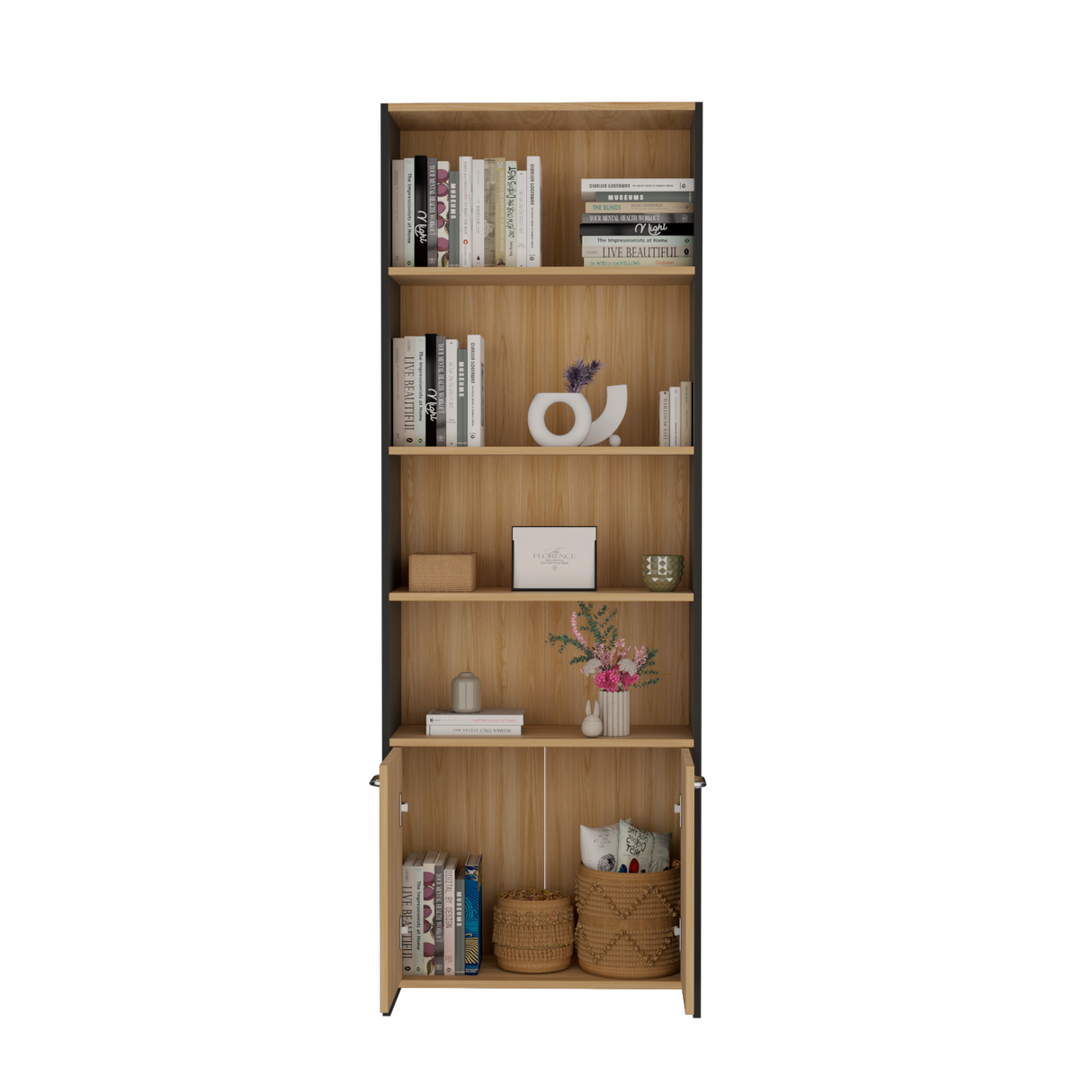 Biblioteca Lisa Fresno y Wengue 63x180.6cm Rectangular con Dos Puertas con Cinco Compartimientos y con Cuatro Entrepaños - BIBLIOTECAS Y ESTANTERIAS | Bylmo
