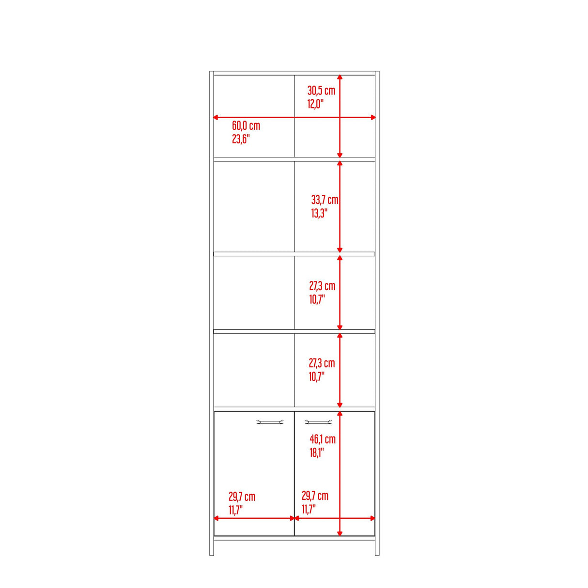 Biblioteca Lisa Fresno y Wengue 63x180.6cm Rectangular con Dos Puertas con Cinco Compartimientos y con Cuatro Entrepaños - BIBLIOTECAS Y ESTANTERIAS | Bylmo