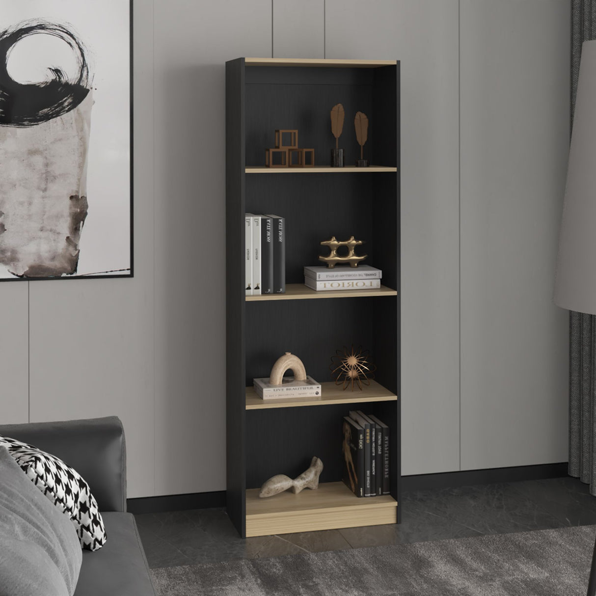 Estantería Home Wengue y Fresno 62.8x180.6cm Rectangular con Cuatro Compartimientos y con Tres Entrepaños - BIBLIOTECAS Y ESTANTERIAS | Bylmo