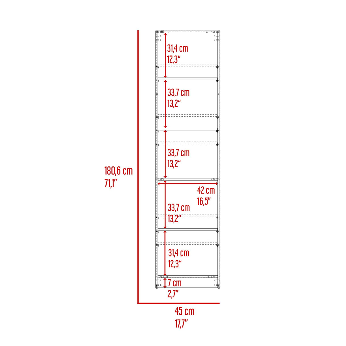 Estantería Home Wengue y Fresno 45x180.6cm Rectangular con Cinco Compartimientos y con Cuatro Entrepaños - BIBLIOTECAS Y ESTANTERIAS | Bylmo