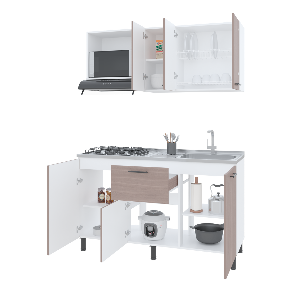 Cocina Paoli Bardolino y Blanco 150x60cm con Mesón de Acero Inoxidable y con Pozuelo Lado Derecho - COCINAS | Bylmo