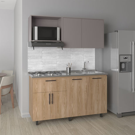 Cocina Emilia Fresno y Taupe 150x60.1cm con Mesón de Acero Inoxidable y con Pozuelo Lado Derecho - COCINAS | Bylmo