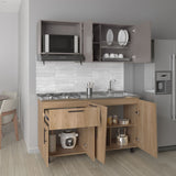 Cocina Emilia Fresno y Taupe 150x60.1cm con Mesón de Acero Inoxidable y con Pozuelo Lado Derecho - COCINAS | Bylmo