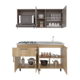 Cocina Emilia Fresno y Taupe 150x60.1cm con Mesón de Acero Inoxidable y con Pozuelo Lado Derecho - COCINAS | Bylmo