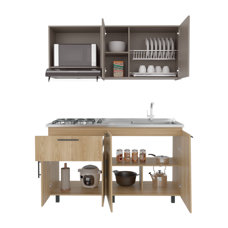 Cocina Emilia Fresno y Taupe 150x60.1cm con Mesón de Acero Inoxidable y con Pozuelo Lado Derecho - COCINAS | Bylmo