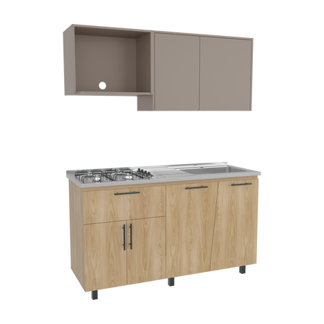 Cocina Emilia Fresno y Taupe 150x60.1cm con Mesón de Acero Inoxidable y con Pozuelo Lado Derecho - COCINAS | Bylmo