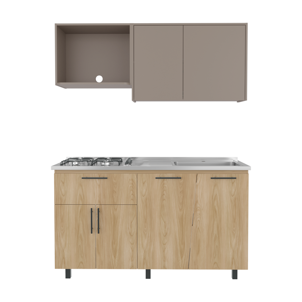 Cocina Emilia Fresno y Taupe 150x60.1cm con Mesón de Acero Inoxidable y con Pozuelo Lado Derecho - COCINAS | Bylmo