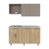 Cocina Emilia Fresno y Taupe 150x60.1cm con Mesón de Acero Inoxidable y con Pozuelo Lado Derecho - COCINAS | Bylmo
