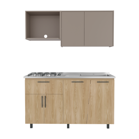 Cocina Emilia Fresno y Taupe 150x60.1cm con Mesón de Acero Inoxidable y con Pozuelo Lado Derecho - COCINAS | Bylmo