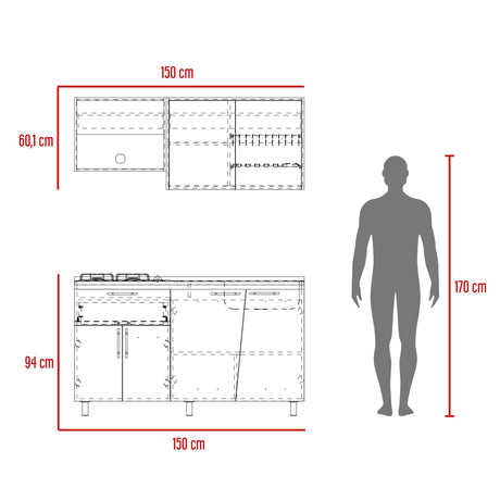 Cocina Emilia Fresno y Taupe 150x60.1cm con Mesón de Acero Inoxidable y con Pozuelo Lado Derecho - COCINAS | Bylmo