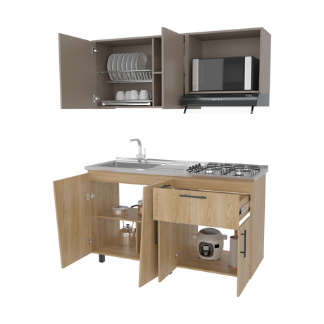 Cocina Emilia Fresno y Taupe 150x60.1cm con Mesón de Acero Inoxidable y con Pozuelo Lado Izquierdo - COCINAS | Bylmo