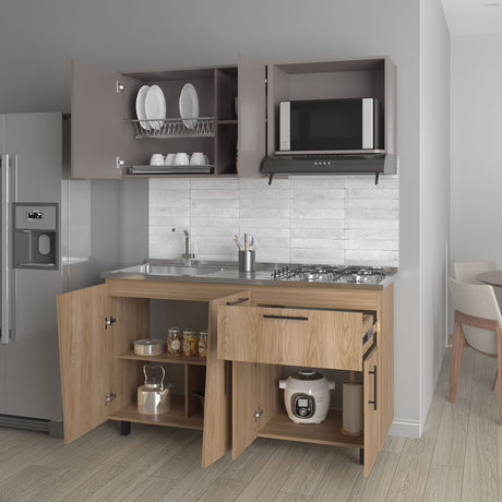 Cocina Emilia Fresno y Taupe 150x60.1cm con Mesón de Acero Inoxidable y con Pozuelo Lado Izquierdo - COCINAS | Bylmo