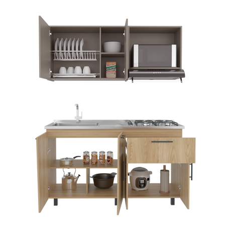 Cocina Emilia Fresno y Taupe 150x60.1cm con Mesón de Acero Inoxidable y con Pozuelo Lado Izquierdo - COCINAS | Bylmo
