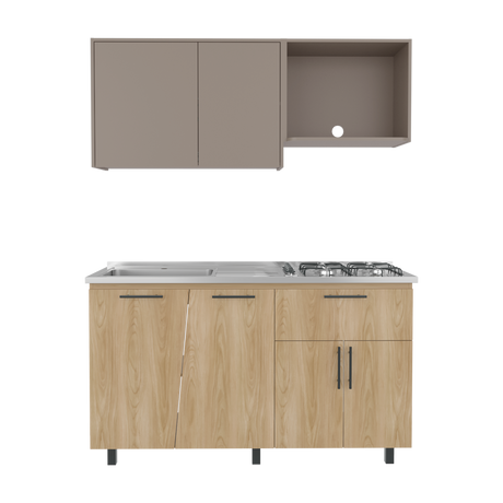 Cocina Emilia Fresno y Taupe 150x60.1cm con Mesón de Acero Inoxidable y con Pozuelo Lado Izquierdo - COCINAS | Bylmo