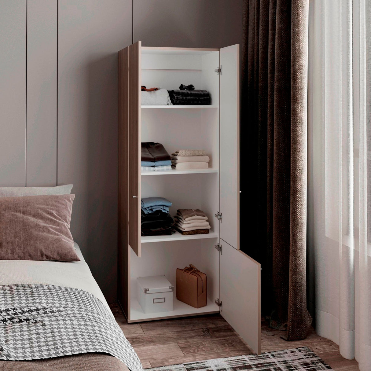 Closet Tuhogar Bardolino y Blanco 60x170cm con Cuatro Compartimientos y con Tres Puertas - CLOSETS | Bylmo