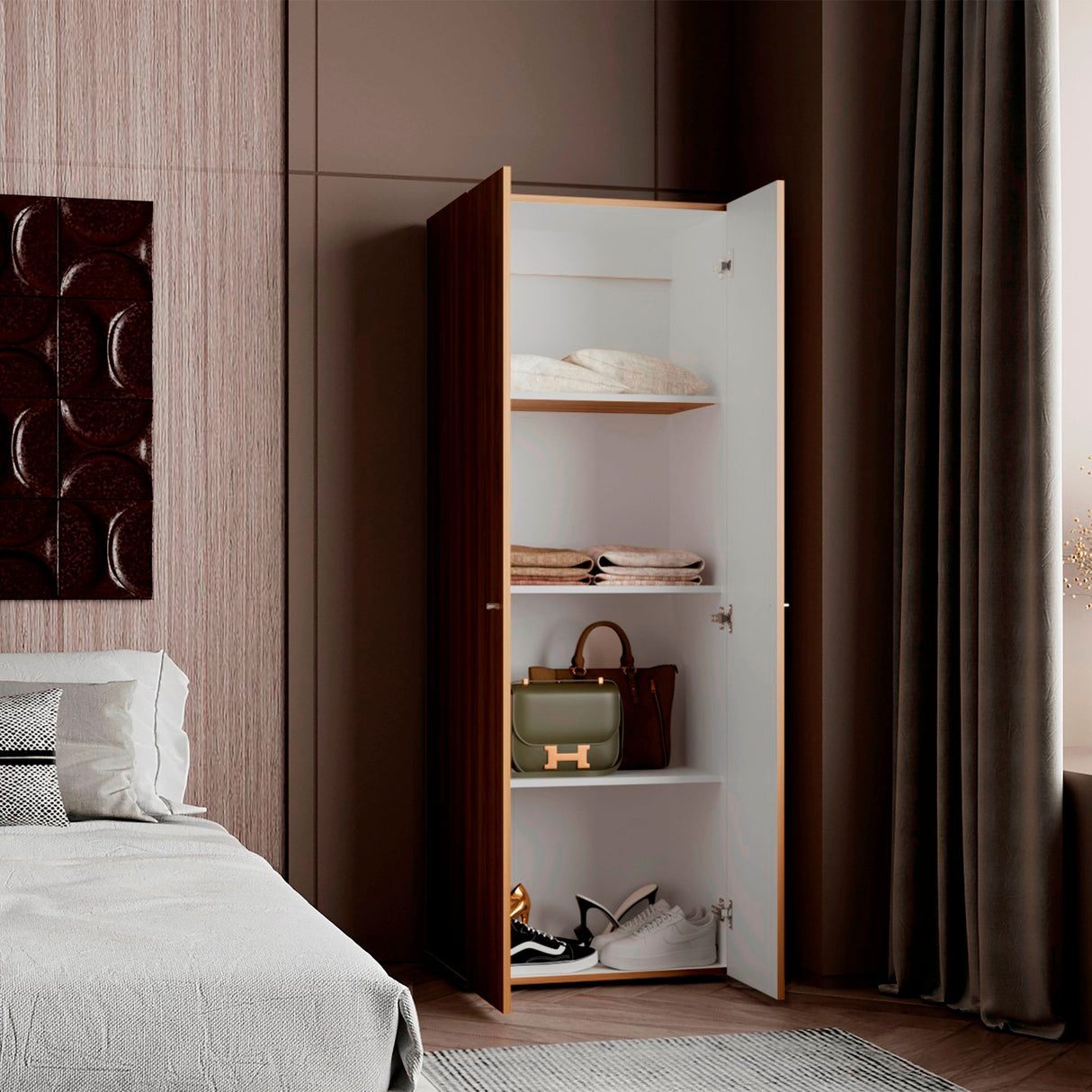 Closet Tuhogar Fresno y Blanco 60x170cm con Cuatro Compartimientos y con Dos Puertas - CLOSETS | Bylmo