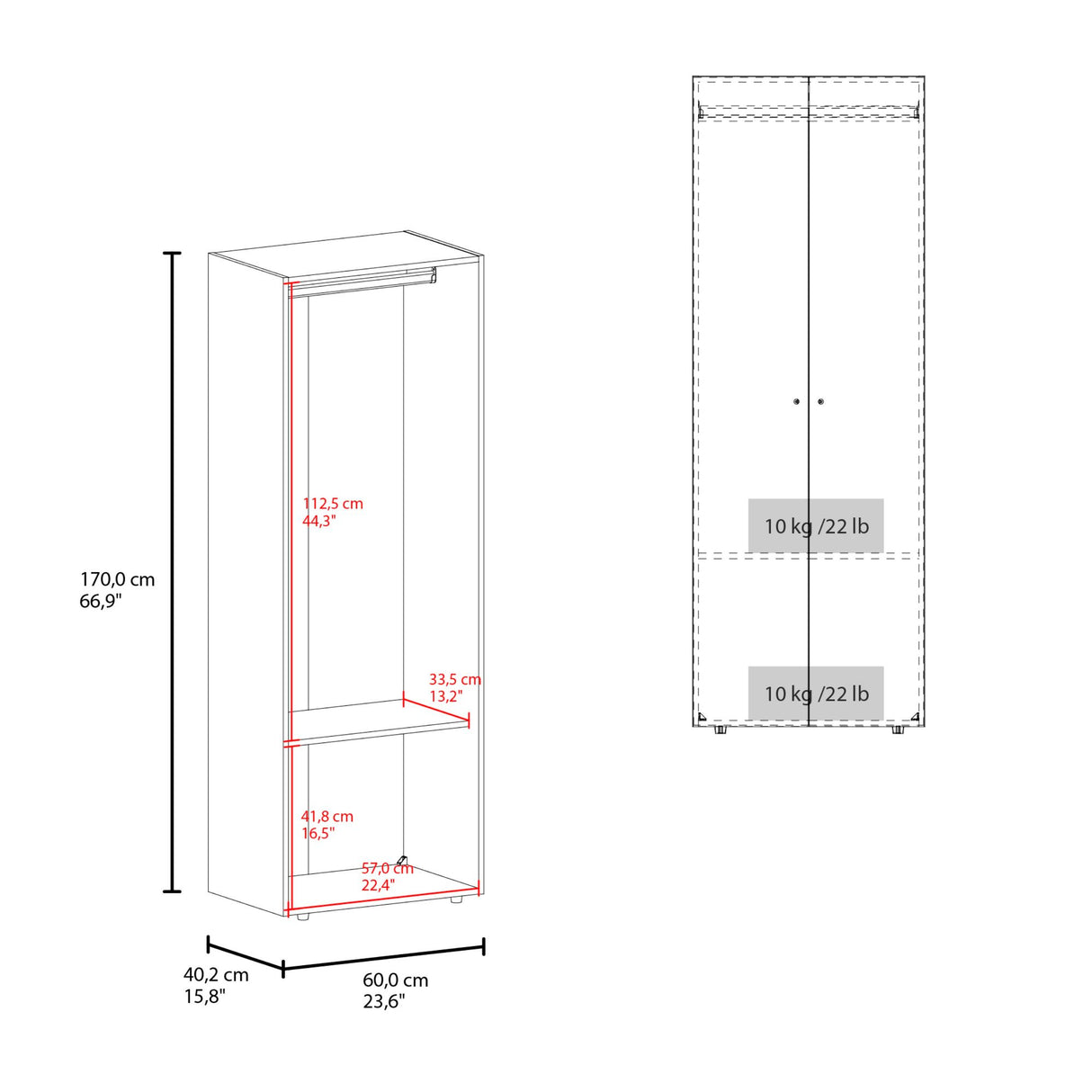 Closet Tuhogar Blanco 60x170cm con Tres Compartimientos y con Dos Puertas - CLOSETS | Bylmo