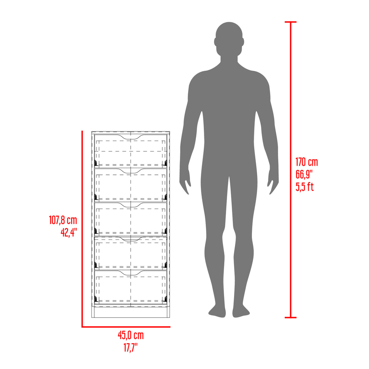 Cajonera Basilea Blanco 45x107.8cm de Cinco Niveles con Cinco Cajones - CAJONERAS Y COMODAS | Bylmo