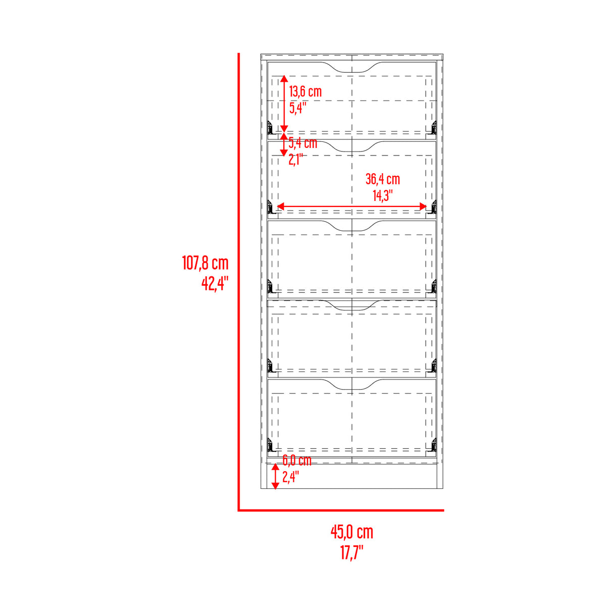 Cajonera Basilea Blanco 45x107.8cm de Cinco Niveles con Cinco Cajones - CAJONERAS Y COMODAS | Bylmo