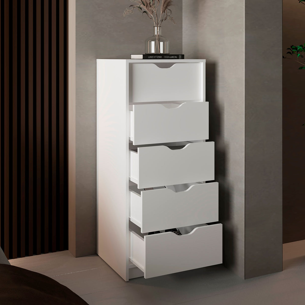 Cajonera Basilea Blanco 45x107.8cm de Cinco Niveles con Cinco Cajones - CAJONERAS Y COMODAS | Bylmo