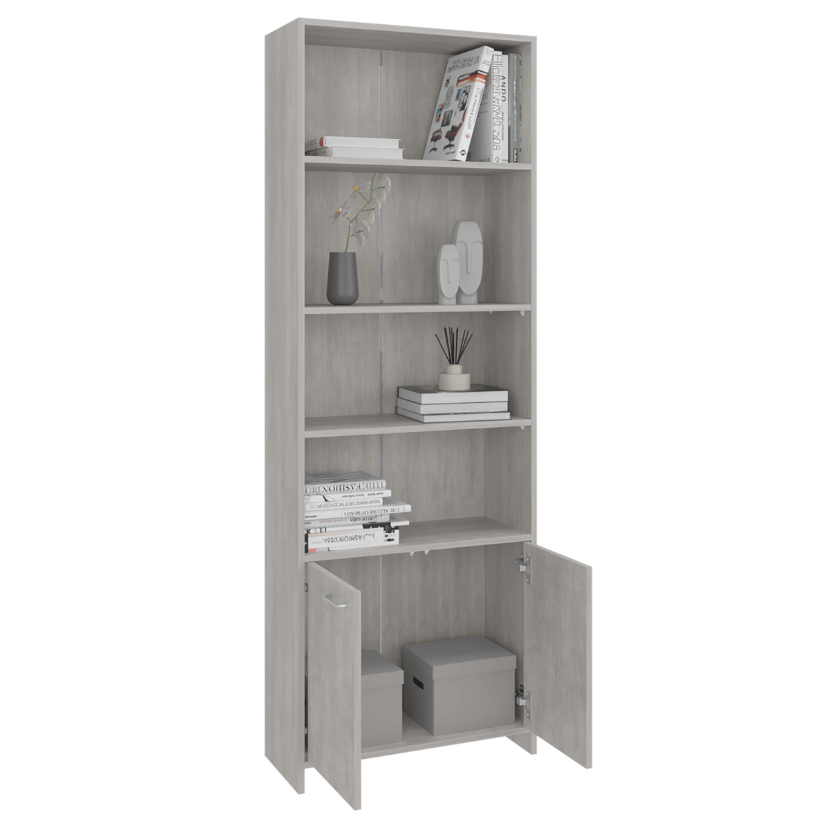 Biblioteca Lisa Cemento 63x180cm Rectangular con Cinco Compartimientos y Cuatro Entrepaños - BIBLIOTECAS Y ESTANTERIAS | Bylmo
