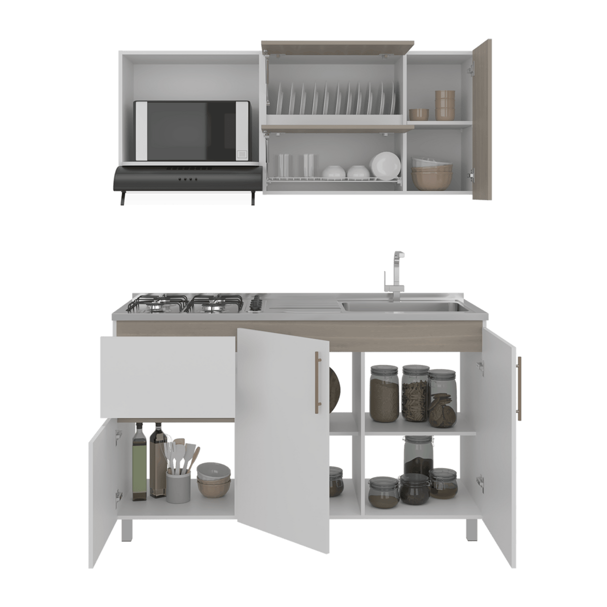 Cocina Florence Blanco y Bardolino 150x60cm con Mesón de Acero Inoxidable Pozuelo Lado Derecho y con Estufa - COCINAS | Bylmo