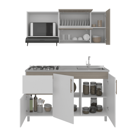 Cocina Florence Blanco y Bardolino 150x60cm con Mesón de Acero Inoxidable Pozuelo Lado Derecho y con Estufa - COCINAS | Bylmo