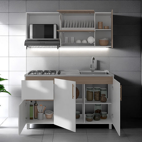 Cocina Florence Blanco y Bardolino 150x60cm con Mesón de Acero Inoxidable Pozuelo Lado Derecho y con Estufa - COCINAS | Bylmo
