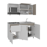 Cocina Florence Blanco y Bardolino 150x60cm con Mesón de Acero Inoxidable Pozuelo Lado Derecho y con Estufa - COCINAS | Bylmo