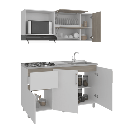 Cocina Florence Blanco y Bardolino 150x60cm con Mesón de Acero Inoxidable Pozuelo Lado Derecho y con Estufa - COCINAS | Bylmo