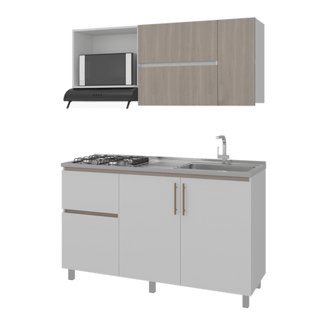 Cocina Florence Blanco y Bardolino 150x60cm con Mesón de Acero Inoxidable Pozuelo Lado Derecho y con Estufa - COCINAS | Bylmo