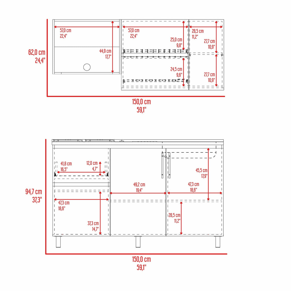 Cocina Florence Blanco y Bardolino 150x60cm con Mesón de Acero Inoxidable Pozuelo Lado Derecho y con Estufa - COCINAS | Bylmo