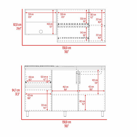 Cocina Florence Blanco y Bardolino 150x60cm con Mesón de Acero Inoxidable Pozuelo Lado Derecho y con Estufa - COCINAS | Bylmo