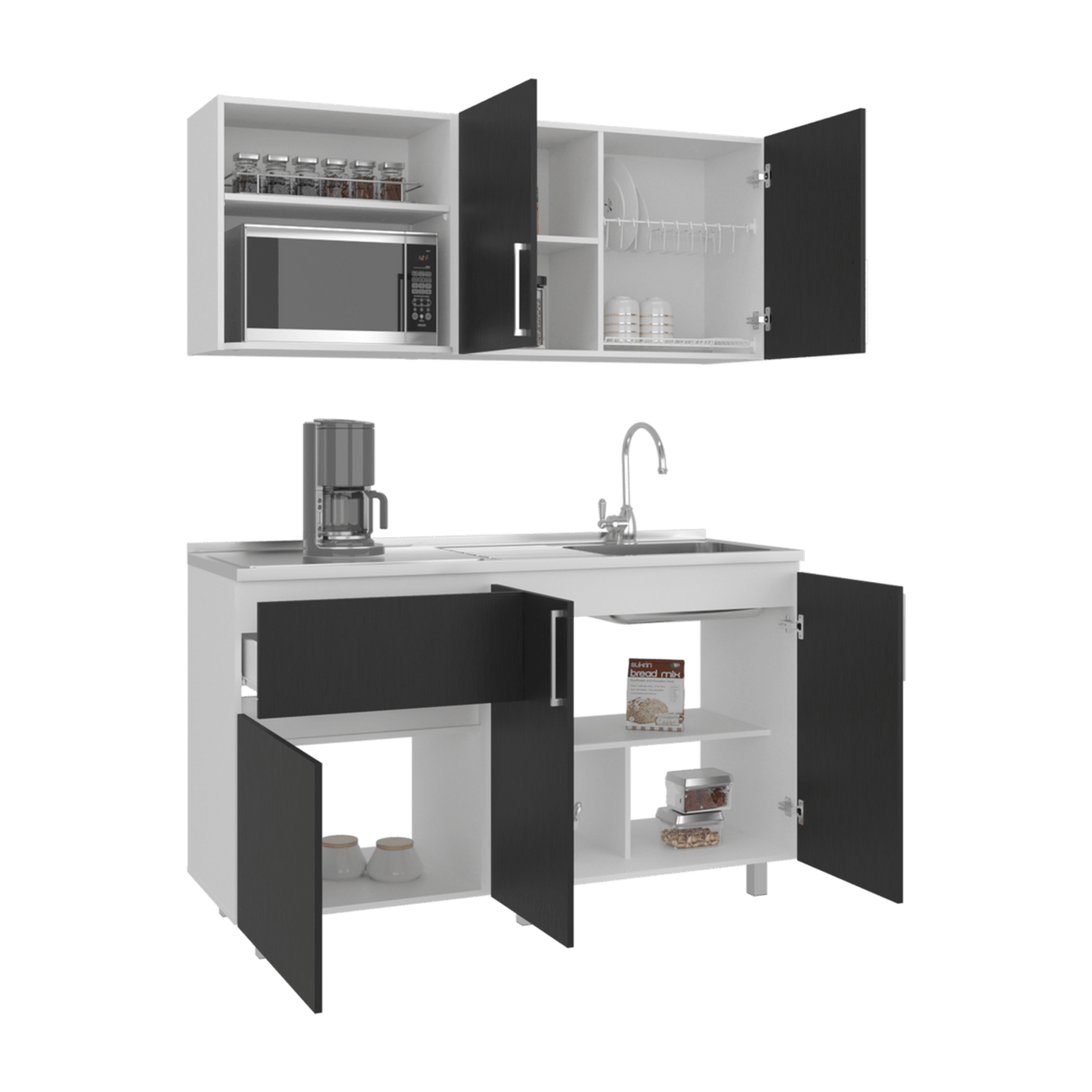 Cocina Allen Blanco y Wengue 150x60cm con Mesón de Acero Inoxidable y Pozuelo Lado Derecho - COCINAS | Bylmo