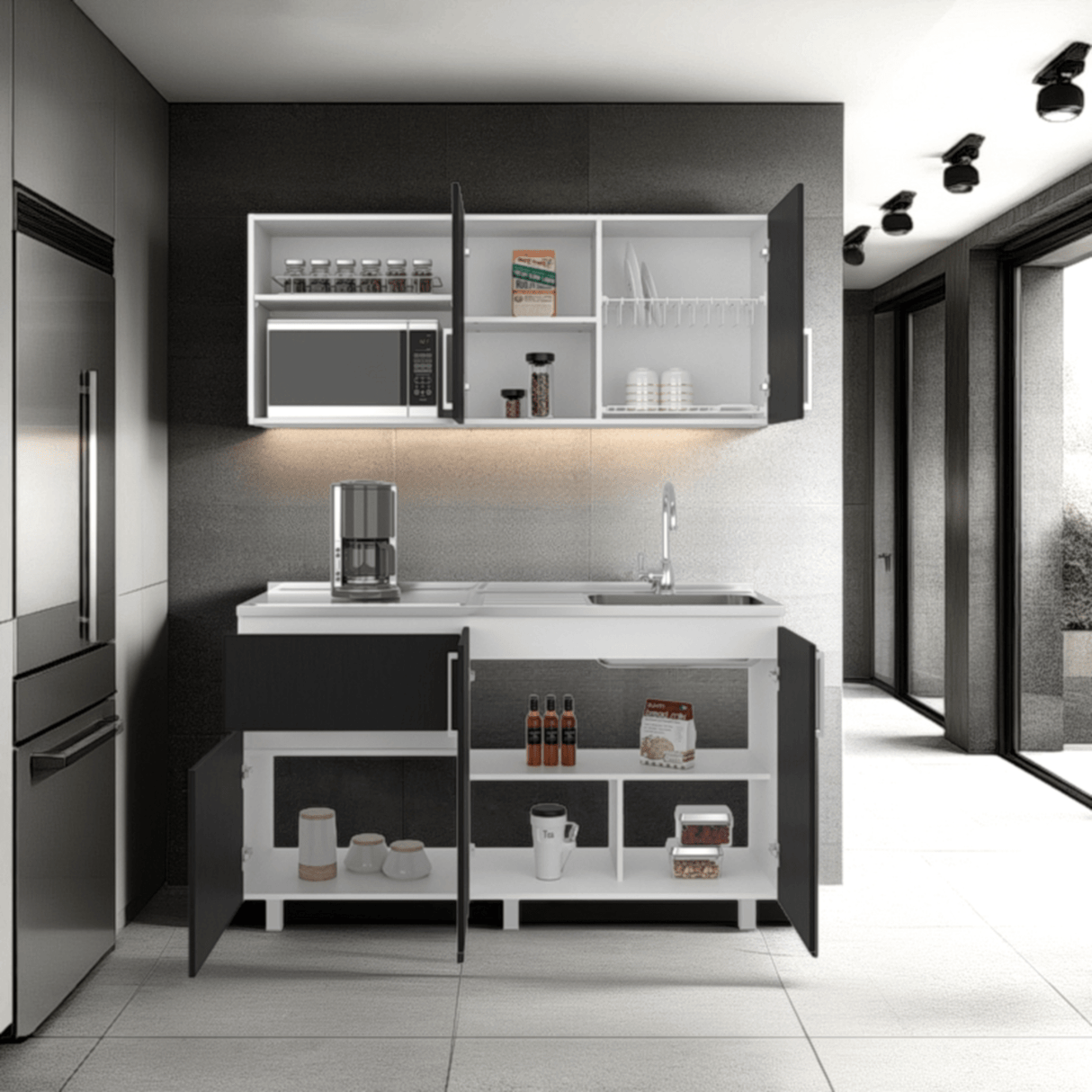 Cocina Allen Blanco y Wengue 150x60cm con Mesón de Acero Inoxidable y Pozuelo Lado Derecho - COCINAS | Bylmo