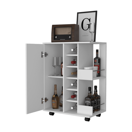 Bar Carro Blanco 60x82.1cm con Cinco Compartimientos y con Seis Portabotellas - BARES | Bylmo