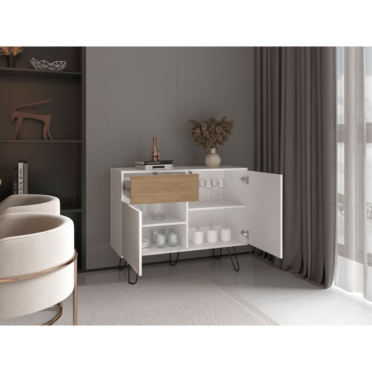 Aparador Tori Blanco y Fresno 99.2x80cm con Un Cajón y con Cinco Compartimientos - BIFES Y ARRIMOS | Bylmo