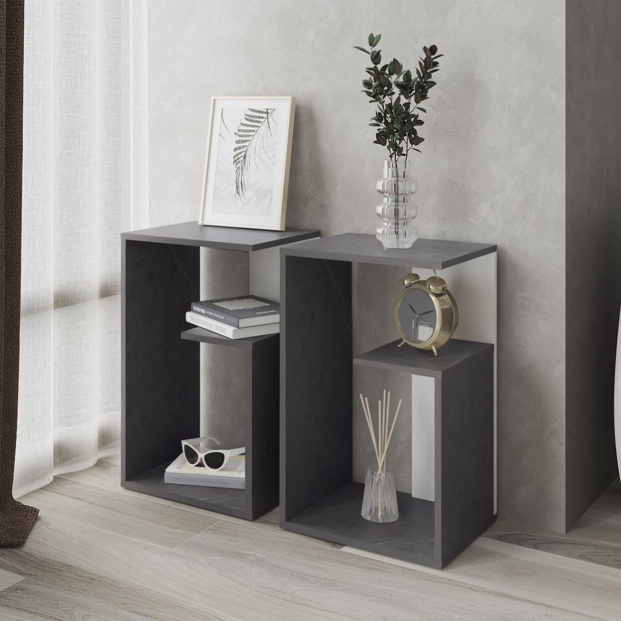 Mesa Auxiliar Everett Onix Y Blanco 39.8x63.4cm Rectangular Con Tres Compartimientos - MESAS AUXILIARES | Bylmo