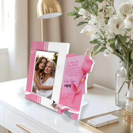 Cuadro Portarretrato Rosado y Blanco 24.5x20.5cm Rectangular De Mesa para Una Foto con Portacelular - PORTARRETRATOS | Bylmo