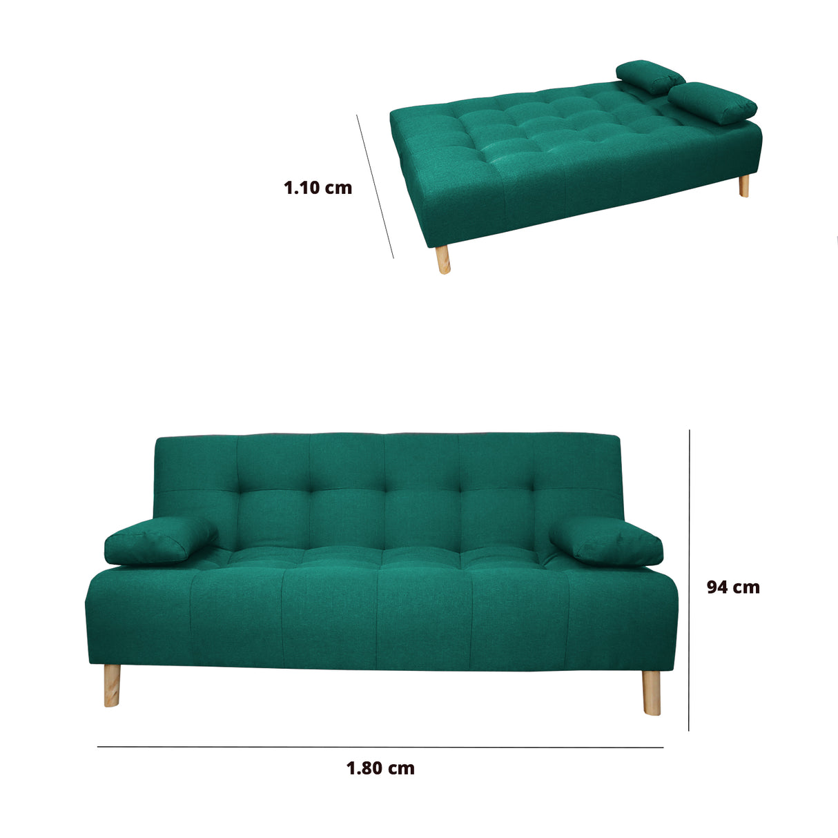 Sofá Cama Sabathy Verde 180x40cm De Tres Puestos Reclinable Antifluido con Dos Cojines Decorativos - SOFAS Y POLTRONAS | Bylmo