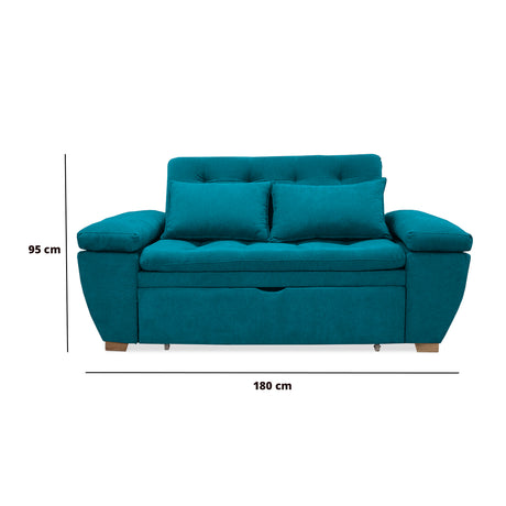 Sofá Cama Magnin Azul Turquesa 180x60cm De Tres Puestos Reclinable Antifluido con Dos Cojines Decorativos - SOFAS Y POLTRONAS | Bylmo