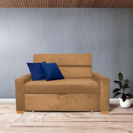 Sofá Cama Aubry Camel 150x60cm De Dos Puestos Reclinable Antifluido con Dos Cojines Decorativos - SOFAS Y POLTRONAS | Bylmo
