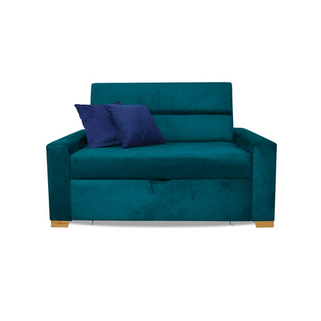 Sofá Cama Aubry Azul Turquesa 150x60cm De Dos Puestos Reclinable Antifluido con Dos Cojines Decorativos - SOFAS Y POLTRONAS | Bylmo