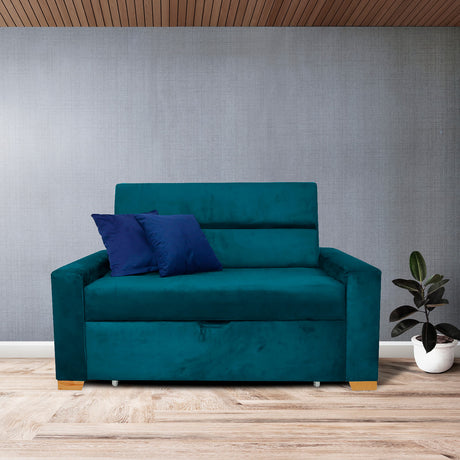 Sofá Cama Aubry Azul Turquesa 150x60cm De Dos Puestos Reclinable Antifluido con Dos Cojines Decorativos - SOFAS Y POLTRONAS | Bylmo