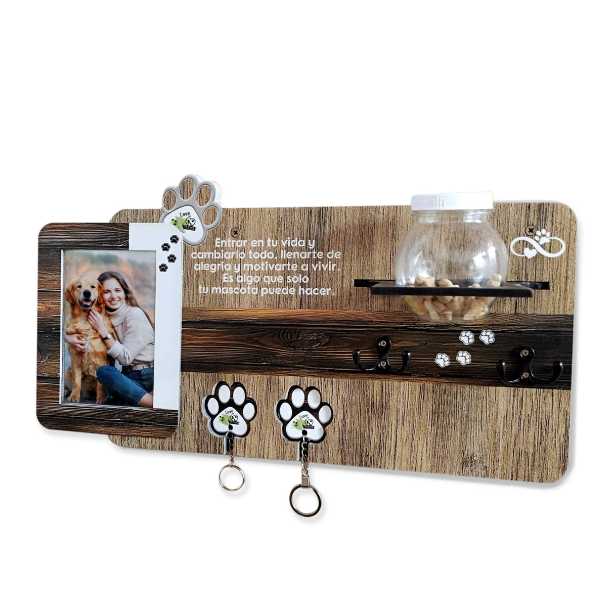 Repisa Perchero Pet Madera 47x15cm con Dos Ganchos y Portarretrato - PERCHEROS | Bylmo