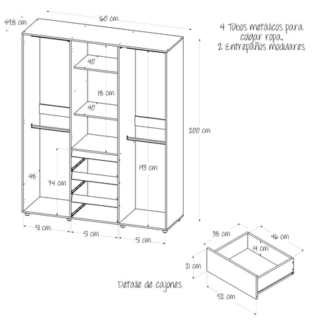 Closet Java Niebla y Blanco 160x200cm con Tres Cajones con Cinco Compartimientos y con Espejo - CLOSETS | Bylmo